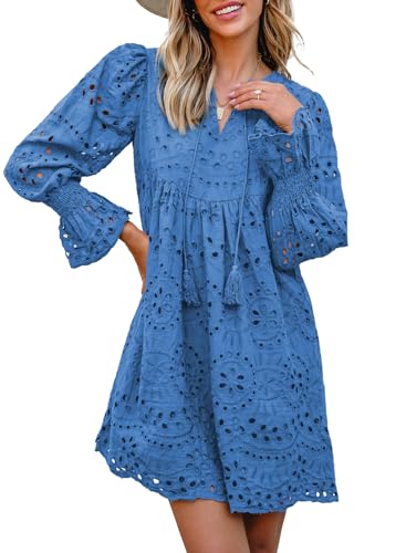 Image of Dokotoo Womens 2026 Boho Dress Tassel V Neck Long Sleeve A Line Casual Hollow Out Lace Ruffle Party Dresses