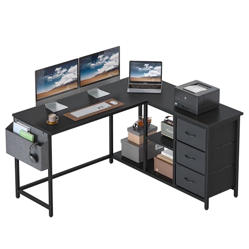 Treesland L Shaped Desk with Drawers, Computer Desk with Drawers, Corner Desk with Storage, Home Office Desks with Drawers, L Shape Desks with Storage, Black
