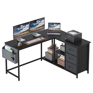 Treesland L Shaped Desk with Drawers, Computer Desk with Storage & Shelves, Corner Desk with Storage, Home Office Desks with Drawers, L Shape Desks with Storage, Black