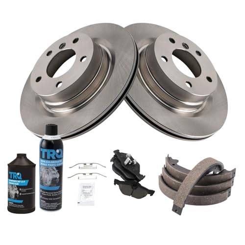 Image of TRQ Rear Brake Pad & Rotor Kit, with Chemical Kit Parking Brake Shoe Set Ceramic Compatible with 2012-2013 BMW 328i