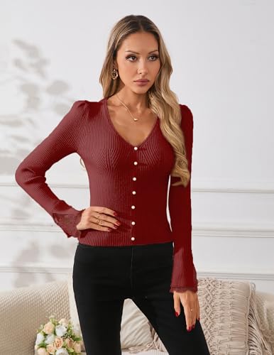 Image of Libsorge Womens Slim Dressy Pearl Lace Ruffle Sweater Fall 2025 Business Casual Outfits V Neck Ribbed Knit Tunic Tops