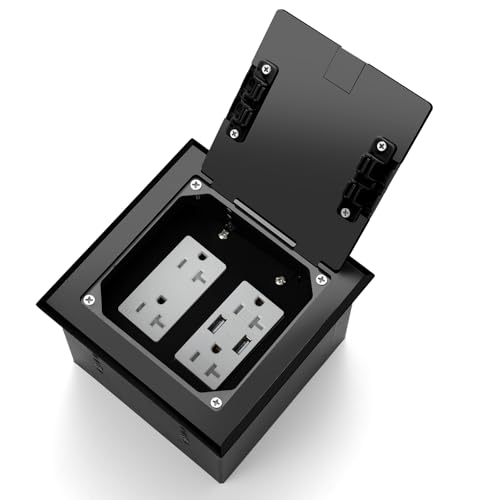 Vagueior Recessed Floor Outlet 2-Gang with 4.8A USB Charging Port Dual Duplex 20 Amp TR Receptacles Flat Hidden Socket Kit Electrical Waterproof Cover Box ETL Listed Black