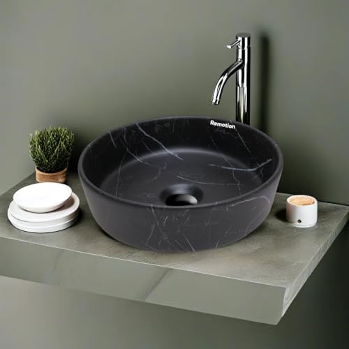 Image of REMOTION Round Countertop Wash Basin For Bathroom | Tabletop Ceramic Bathroom Sink | Wash Basin Over Counter | Wash Basin For Living Room, Resturent (12.5 x 12.5 x 5 Inch) (Black White Stripe)