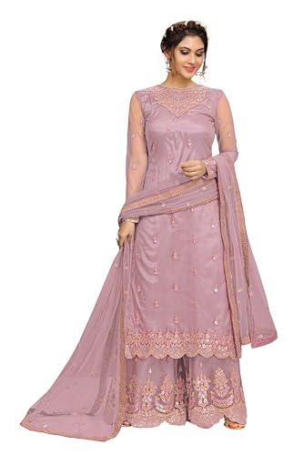 Image of TRENDMALLS Women's Net Embroidery Salwar Suit Kurta Sharara Set with Dupatta Skyblue