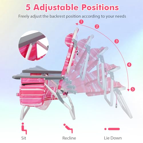 Image of Giantex Folding Beach Chair, Patio Sling Chairs with 5 Adjustable Position, Head Pillow, Storage Bag, Towel Bar, Cup Holders, Backpack Chairs for Sunbathing, Camping Chair
