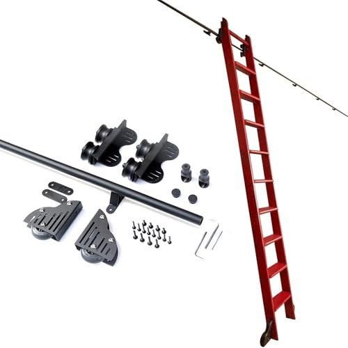 GLFNB Kit Completo de herrajes para Escalera corrediza, rieles retráctiles de Metal Negro de 100 a 600 cm con Ruedas de Piso (sin Escalera) (Kit de rieles de 200 cm)