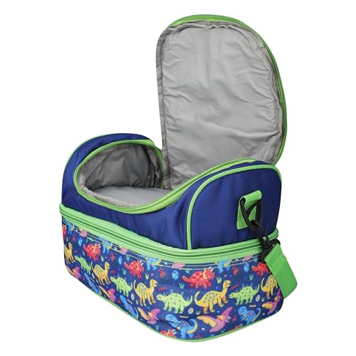 Image of Ji and Ja Multi Compartment Dual Slot Lunch Bag Double Insulated Tiffin Lunch Bag with Multi Zipper Pockets for School (Dinosaur Multi)