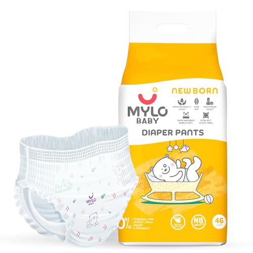 Image of Mylo Baby Diaper Pants Newborn (NB) Size Upto 5 kg Babies (46 Count) Leak Proof | Lightweight | Rash Free | Upto 12 Hours Protection | ADL Technology | with Aloe Vera Lotion