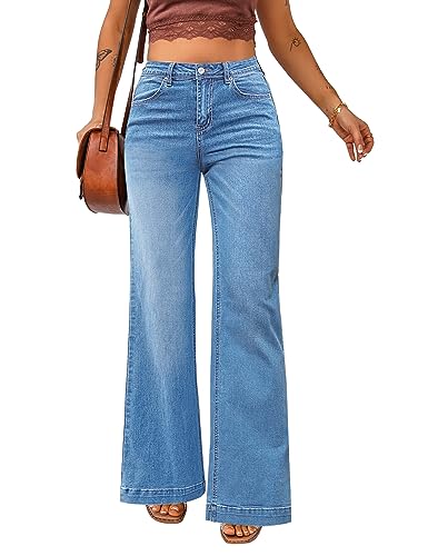 luvamia 2024 Wide Leg Jeans for Women High Waist Stretchy Classic Baggy Flare Jeans Denim Pants Indigo Medium Blue Size Large US Size 12 to Size 14