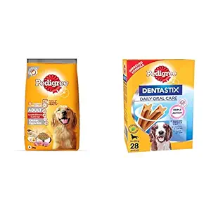 Pedigree Adult Dry Dog Food, (High Protein Variant) Chicken, Egg & Rice, 3kg Pack and Dentastix Medium Breed (10-25 kg) Oral Care Dog Treat (Chew Sticks) (28 Sticks) 720g