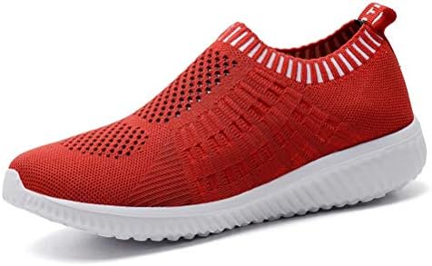 konhill Women's Lightweight Casual Walking Athletic Shoes Breathable Mesh Work Slip-on Sneakers 5 US Red