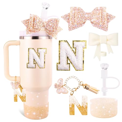 White Cup Accessories Set for Stanley 30OZ & 40OZ Tumbler with Handle, Letter Charms, Bow & Diamond Straw Covers, Glitter Silicone Boot, Personalized Sticker for Stanley Cup Accessories (N)