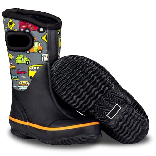 LONECONE Rain Boots with Easy-On Handles in Fun Patterns for Boys and Girls, Play-Proof Flexible Rubber, Durable Non-Slip Treads, Kid-Friendly for Hours of Joy - Rush Hour, 4 Toddler