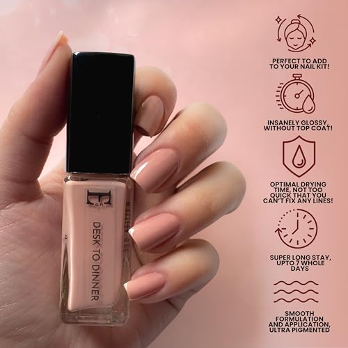 Image of Ellement Co Desk To Dinner Nail Polish 10 ml with elegant nude peach shade delivers high gloss salon finish | smooth streak free application | quick drying formula | and long lasting chip resistant wear, perfect for office wear, daily elegance, professional looks, evening outings, and effortless transition from work to dinner.