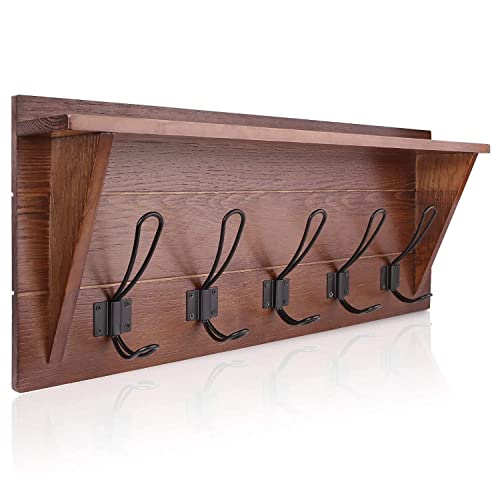 YIHATA Rustic Coat Rack Wall Mounted with Shelf - Wooden Country Style 24" Entryway Shelf with 5 Rustic Hooks - Solid Pine Wood. Perfect Touch for Your Entryway, Mudroom, Kitchen, Bathroom (Brown)