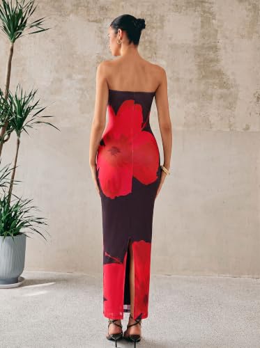 Image of PRETTYGARDEN Women Summer Strapless Maxi Dress Bodycon Floral Sexy Long Wedding Guest Dress Formal Tube Mesh Cocktail Dresses