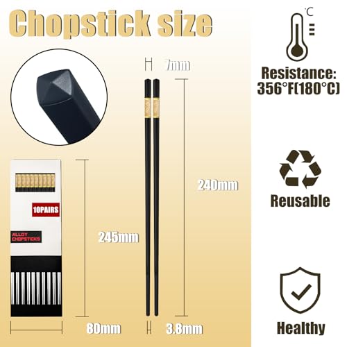 10 Paia Bacchette Sushi in Fibra di Vetro, Lavabili in Lavastoviglie e Riutilizzabili, Bacchette Giapponesi, Chopsticks Nere 24CM per Casa Cucina Ristorante (Golden Ruyi) - immagine 3