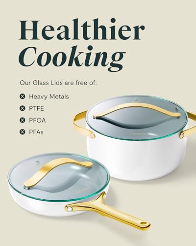 Image of Glass 10.5 inch Glass Lid For Pots & Pans - Made With Tempered Glass - Sized to Fit Caraway Ceramic-Coated & Stainless Steel Cookware - Gold