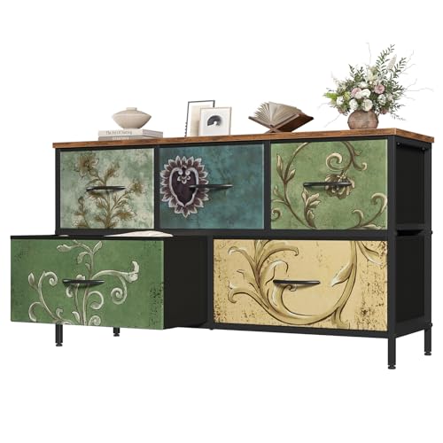 Image of OLIXIS 5 Drawer Dresser for Bedroom, Storage Organizer Unit for Closet | Chest of Drawers for Clothes Storage with Bins, Wide Fabric Bedroom Dresser, Wooden Top, Living Room, Flower