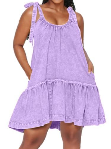 Image of Denim Dress for Women Tie Shoulder Sleeveless Denim Mini Dress Casual Flowy Babydoll Dress Wash Jean Dress