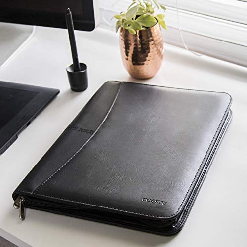 COSSINI-Black-Superior-Vegan-Leather-Business-Portfolio-with-Zipper--Padfolio-All-in-One-Smartest-Protective-101-Inch-Tablet-Sleeve-Presentation-Slot-Solar-Calculator-Card-Storage-Writing-Pad