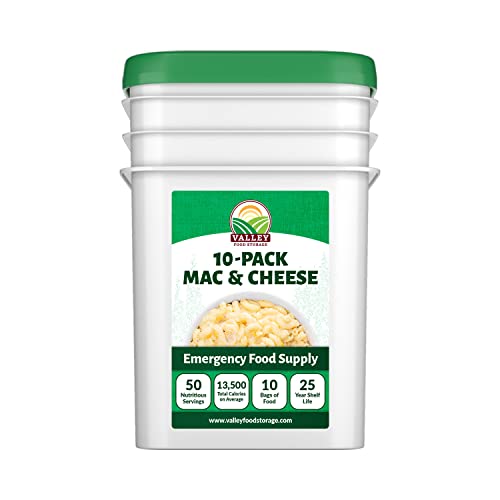 Image of Valley Food Storage Mac and Cheese | 10-Bag Bucket, 50 Servings | Non-GMO Premium Emergency Food Supply, 25 Year Shelf Life | Survival Meal Kits, Prepper Food, Camping & Off-Grid Living Supplies