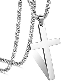 Adramata Stainless Steel Cross Pendant Chain Necklace for Men Women Long Large Cross Necklace Silver Tone, 61CM