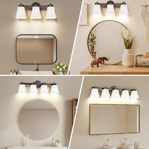Image of Black Bathroom Vanity Light Fixtures - Rustic Brushed Nickel 3 4 5 Bulb Lights Fixture Over Mirror - Kitchen Glass Wall Sconce For Over Sink Gold - Small Modern Farmhouse Bath Lighting Sconces