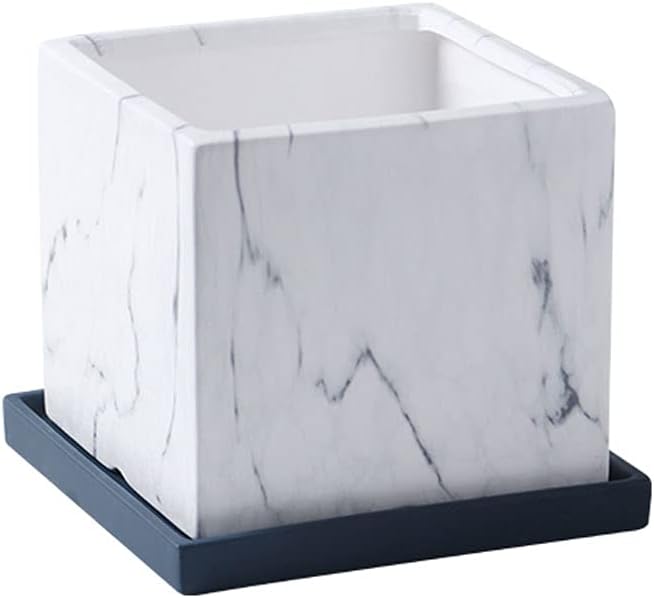 Flower Pot Blue square marble ceramic pot with water outlet and suitable base for all plants succulent flowers and cactus indoor and outdoor use Flower Pots