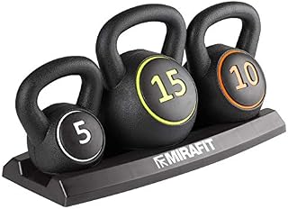 Mirafit 3pce Kettlebell Weight Set with Stand - 5, 10 and 15lbs (2.2kg, 4.5kg and 6.8 kg)