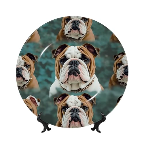 Assiette décorative Bouledogue anglais pour salon et bureau avec socle