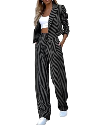 Melliflo Women's Business Suit Set Striped Cropped Blazer High Waist Wide Leg Pant 2 Piece Set