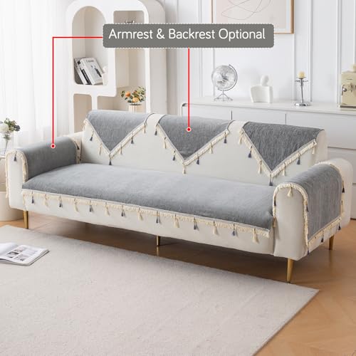 Image of HOKIPO 'Serenity Tassel' Chenille 3 Seater Sofa Cover with Tassel - Glacier Silver (IN-892-LGRY)