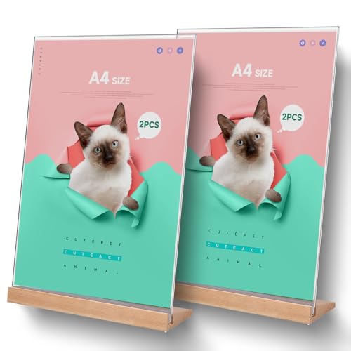 2 espositori da tavolo A4 in acrilico,con base in legno, Espositori Acrilico Trasparente Porta Menu da Tavolo Supporti, supporto a L per matrimonio, bar, ufficio, ristorante,caffè, 29,7x21 cm