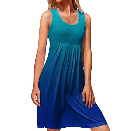 Dresses For Women 2023 Summer Women Casual Loose Tanks Dress Summer Gradient Print Dress Pleated Sleeveless Sun #TOP30