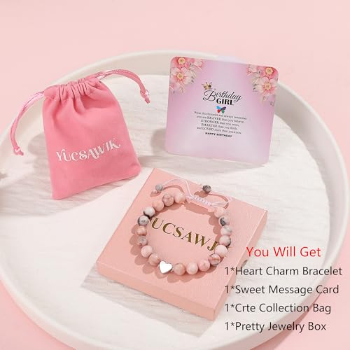 6th-13th Girls Birthday Bracelet, Pink Zebra Natural Stone Heart Pendant Bracelet Gift4