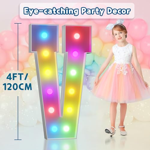 Image of Colorful Marquee Letters 4 Feet Tall, Large Light up Letters V | RGB with Remote, Birthday Party Decorations Anniversary Wedding Decorations Assembly Required 23 Pcs Accessory Set