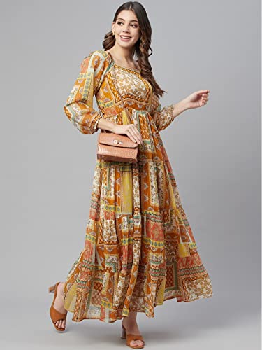 Image of Cottinfab Women Mustard Yellow Ethnic Printed A-Line Maxi Dress