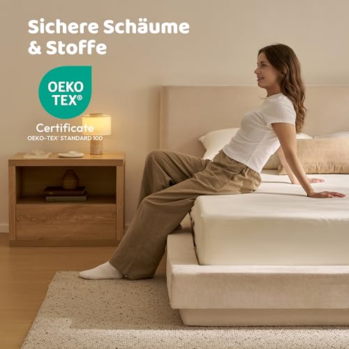 Image of RECCI AirFrame Cloud Platform Bed Frame with Round Edge Headboard, 5 Inch Foam Fully Cushioned, Beige Chenille Upholstered, Easy Assembly, No Box Spring Needed (California King)