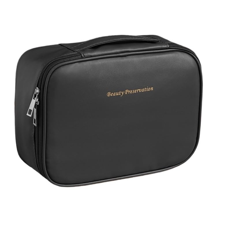 Trousse de maquillage voyage en cuir PU marron, grand organiseur cosmétique plat imperméable