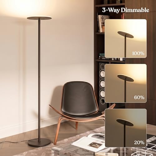 Image of Brightech Sky LED Floor lamp, Torchiere Super Bright Floor Lamp for Living Room Decor & Office - Dimmable, Tall Standing Lamp with Warm Light for Bedroom & Reading - Bronze