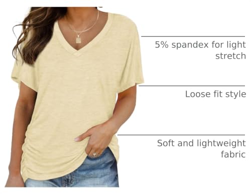 Image of WIHOLL Womens Summer T-Shirts Short Sleeve V Neck Dolman Tops with Side Shirring Loose Fit Shirts Spring Fashion