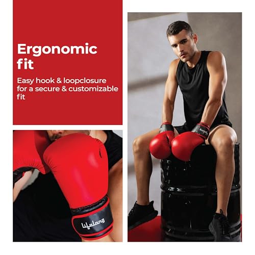 Image of Lifelong Boxing Gloves for Men and Women | Punching Bag Gloves with Moulded Foam Padding | for Training, Boxing, Kickboxing, Muay Thai, MMA | Durable PU Leather 1 Pair Gloves (Size 16 OZ, Color Red)