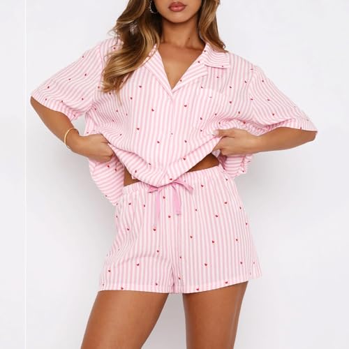 XBTCLXEBCO Women Valentines Pajama Sets Heart Print Short Sleeve Button Down Tops and Shorts 2 Piece Pjs Set Loungewear2