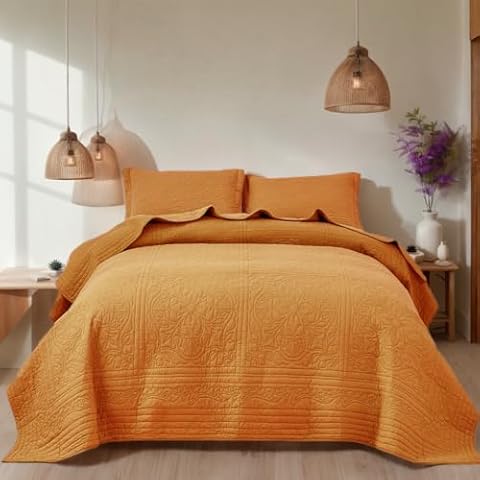 WINLIFE Luxury Cotton Quilt Set Queen Size, Lightweight Soft-Cotton Comforter Set, Oversized Bedspread Quilted Coverlet All Season Bedding Set, with 2 Shams, Burnt Orange Cover