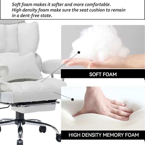 Image of Efomao Big and Tall Office Chair 400lbs - High Back Executive Chair with Swivel Base, PU Leather Upholstery, Lumbar Pillow, Padded Armrests, and Rolling Wheels,White Computer Chair