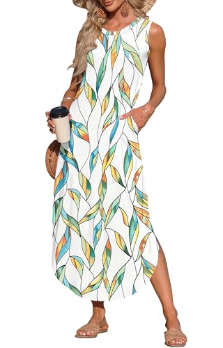 AUSELILY Womens Summer Dresses 2025 Casual Sleeveless Maxi Dress Loose Crewneck Sundresses Split Long Tank Dress with Pockets, BU YE Dye Leaf M