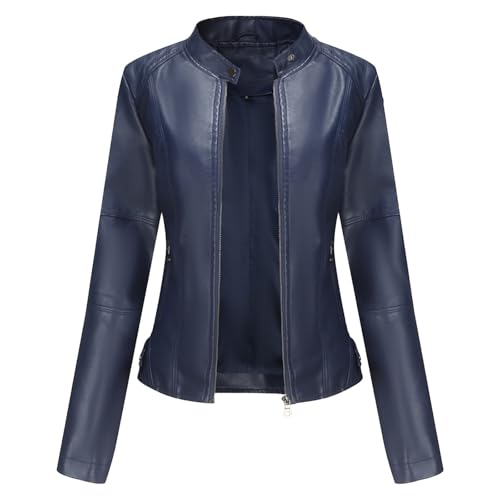 Chaqueta de motociclista de piel sintética corte entallado para mujer, chaqueta motociclista PU, con cinturón moderna, elegantes cazadoras cuero estilo bomber, azul marino, talla XL