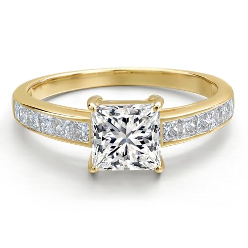 Gem Stone King 14K Yellow Gold IGI Certified Princess Lab Grown Diamond Engagement Ring For Women | 2.00 Cttw | Center Diamond 1.30 Ct | E-F Color | VS1-VS2 Clarity | Available in Size 5,6,7,8,93