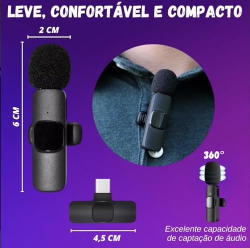 Microfone de lapela sem fio para telefone tipo C, microfone sem fio Plug-Play com 2 microfones para